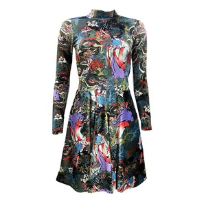 Chinesisch Puppe Feen Drachen Pfau Bedruckt Samt Hoher Kragen Vintage Kleid - Picture 1 of 3