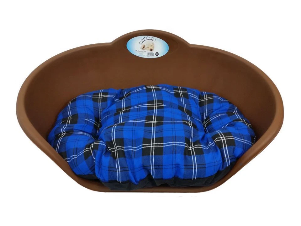 heavy duty brown pet bed with blue tartan cushion uk made dog or cat basket - image 1 of 1