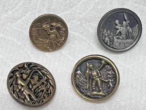 4 Antique Round Metal Buttons Man w Horn Man Fishing Man Hiking Gold & Silver - Picture 1 of 5