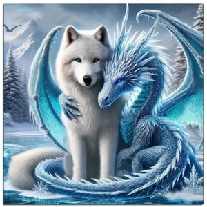Kit Pintura Diamante 5D 40X40cm Dragón de Hielo y Lobo Blanco Invierno Fantasía - Imagen 1 de 7