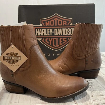 Harley Davidson Lorene Gore Leather Western Moto Ankle Boots Brown Tan 10 M ~NEW - Image 1 of 4