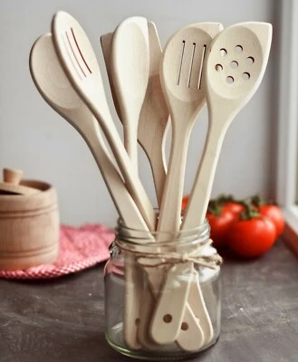 6x Healthy Wooden Spoons for Cooking - 100% Natural, Uncoated, Nonstick, Solid  - Image 1 of 4
