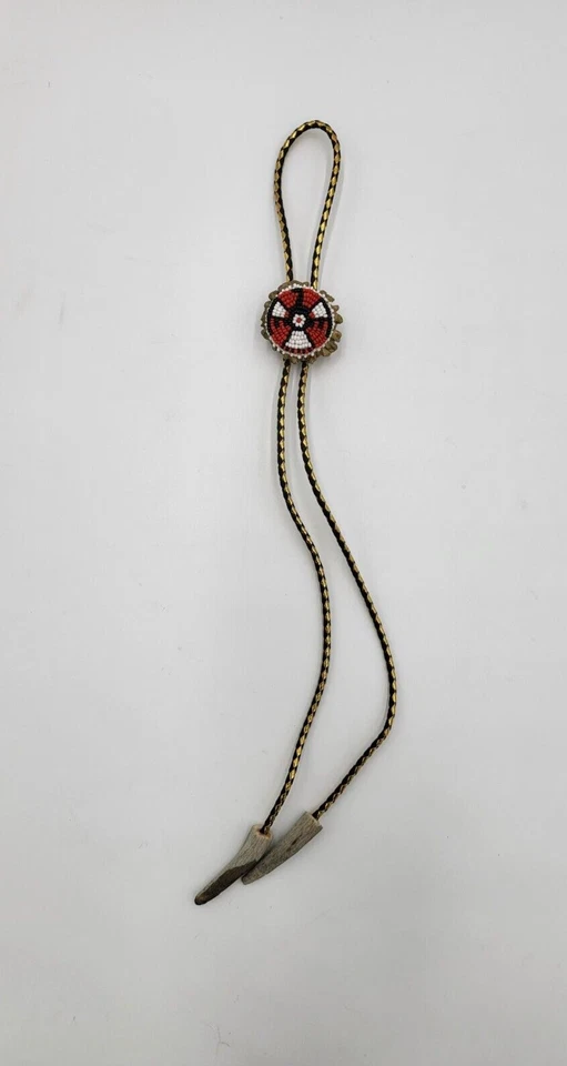 Vintage BOLO TIE BEADED WOOD ROUND Red/White/Black- Gold/Black Cord, wood tips - Image 1 of 4