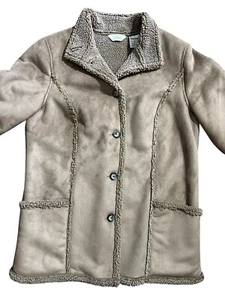 LL Bean Womens Long Faux Suede Sherpa Shearling Coat Jacket Size L - Picture 1 of 9