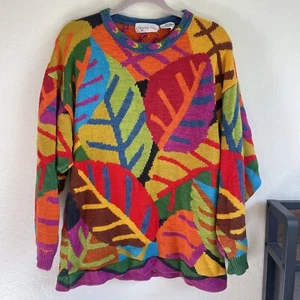VTG Christine Foley Large XL Colorful leaf Knit Sweater Thick Cotton Hong Kong - Picture 1 of 5