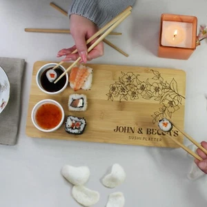 Personalised Sushi Plate Chopsticks & Dip Dishes Couples Gift Japanese Cuisine - Picture 1 of 11