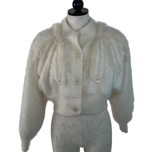 Christine Phillipe Sweater Womens Vintage Size M Cream Angora Fur Crop Cardigan - Picture 1 of 10
