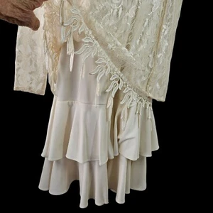 David Rose Flapper Party Dress 80s Cream Lace Long Sleeve Shoulder Pads Womens 8 - Picture 1 of 11