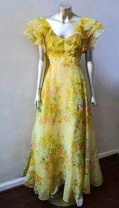 VTG COUTURE MOD FLOWING TIERED RUFFLED NECKLINE CHIFFON WEDDING MAXI DRESS M - Picture 1 of 5