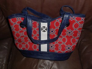 CROFT & BARROW LARGE CANVAS RED, WHITE, BLUE PURSE WITH BLUE FAUX LEATHER TRIM - Picture 1 of 5