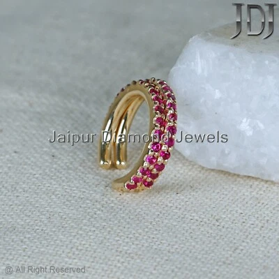 Cartilage Cuff Earrings Solid 14k Yellow Gold Gemstone Ruby Wedding Jewelry GIFT - Image 1 of 4