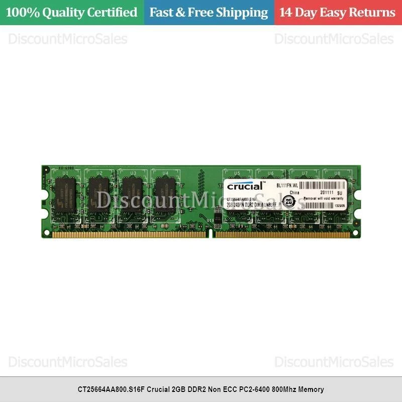 CT25664AA800.S16F Crucial 2GB DDR2 Non ECC PC2-6400 800Mhz Memory - Image 1 of 1