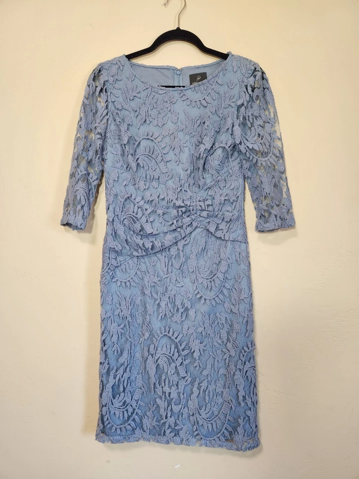 Adrianna Papell Blue Lace 3/4 Sleeve Dress Womens Size 2 Ruched Waist - Image 1 of 4