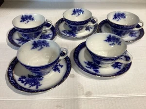 5er Set Tassen & Untertassen Antik Alcock England Flow Blow BlueTouraine 1898 - Bild 1 von 7