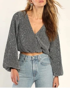 New Lulu’s Sparkling Inclination Silver Lurex Plisse Sequin Top Size XL Black - Picture 1 of 6