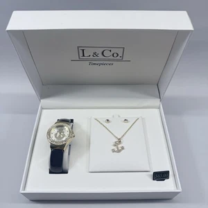 L & Co Timepieces Watch Necklace and Earring Jewelry 4pc Set - New - Picture 1 of 6