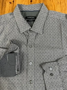 Bugatchi Flip Cuff Shirt Men Gray Geometric Shaped Fit Long Sleeve 2XL *Stain - Picture 1 of 18