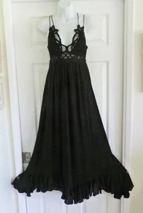 Free People FP One Black Boho Festival Crochet Lace & Smocked Empire Maxi XS EUC - Picture 1 of 16