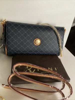 Rioni Signature Clutch Navy Blue ELLE Chain Leather Strap Dust Bag 20273 Italy - Image 1 of 4