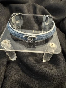 Auth Chanel Denim Cuff Bracelet Silver Metal Turn lock VERY NICE - Picture 1 of 5