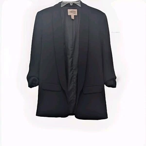 Forever 21 Blazer Jacket Medium Open Front Black 3/4 Scrunch Sleeves Pockets - Picture 1 of 7