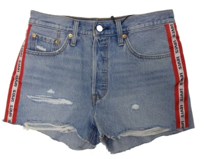 $79.50 NUEVO CON ETIQUETAS LEVI'S 28 Pantalones Cortos 501 Tiro Alto Logo Rayas Cinta Brillante Mujeres Premium Foto 1 de 4