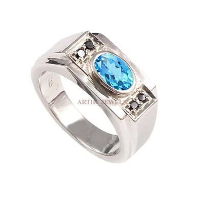 Natural Blue Topaz & Spinel with 14K White Gold Plated Silver Ring For Men AJ628 - Image 1 of 4