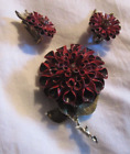 Coro Vintage Red Enamel Carnation Flower Brooch Clip Earrings Set