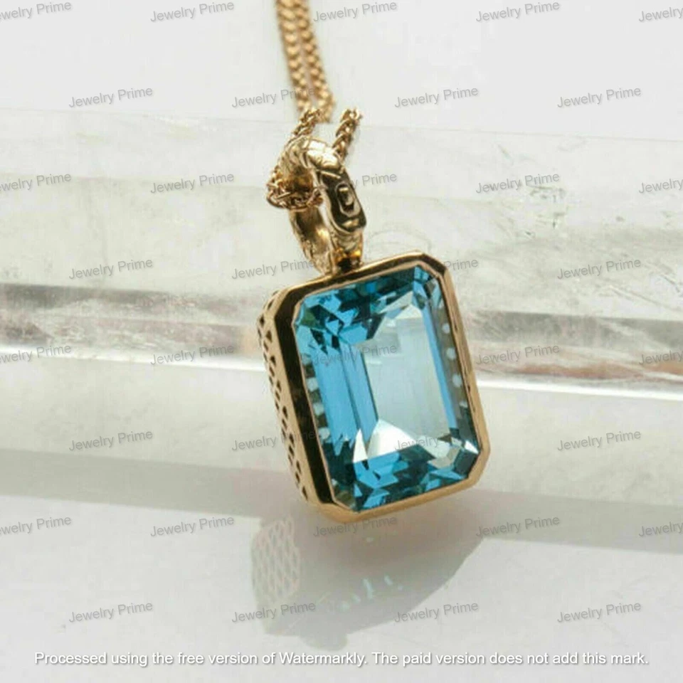 Pingente solitário 4 quilates corte esmeralda água-marinha acabamento ouro amarelo 14K corrente livre - Imagem 1 de 4