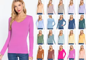 Women's Basic T-Shirt Scoop Neck Cotton Long Sleeve Solid Knit Plain Top Fitted - Picture 1 of 41