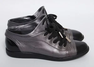 CHANEL Ankle Boots Gray Leather Lace Up High Top Sneakers Booties Sz EU 38 US 7 - Picture 1 of 12