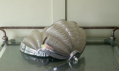 Pair of Art Deco Frosted Clam Shell Sconce Wall Lights (Odeon, Cinema, Theatre) Cover