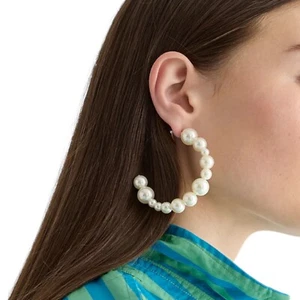 J Crew Mixed Size Off White Glass Pearl Gold Plated Brass C Shape Hoop Earrings - Picture 1 of 3