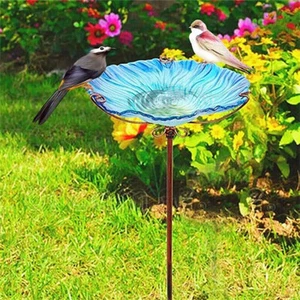 Outdoor Glass Bird Bath on Stake Garden Ornament Metal Wild Birds Feeder Bowl - Picture 1 of 11