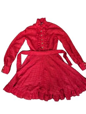 Jean Varon dress, 1960s / 1970s ruffled shirt dress, long bishop Sleeves RED - Image 1 of 4