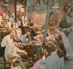 Carte stéréoscopique "Atelier d'artistes" french tissue c.1870 Tirage albuminé - Foto 1 di 3