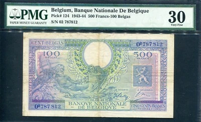 Belgium 1943 ( 1944 ) , 500 Francs-100 Belgas, P124, PMG 30 VF - Image 1 of 2