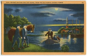 Linen Postcard - Boston Massachusetts - Paul Revere Waiting for the Signal - Picture 1 of 2