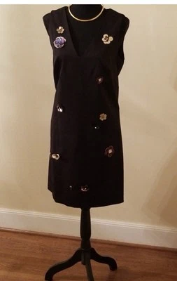 Mini vestido vintage para mujer Nicole Miller negro lentejuelas y cuero flor - talla 10 Foto 1 de 4