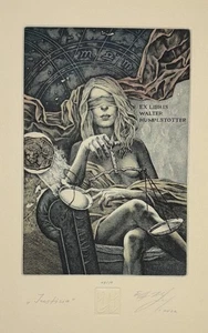 HRISTO NAIDENOV: Exlibris "Justicia" for Walter Humplstoetter; in Passepartout - Bild 1 von 2