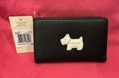 Cartera plegable de cuero Radley London negra con perro Scotty beige nueva con etiquetas Foto 1 de 4