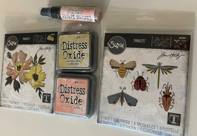 Lote Sizzix Thinlits Funky Insectos y Pinceladas Flores Distress Óxido Spritz Foto 1 de 4