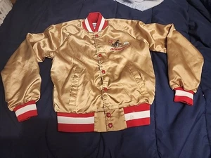VTG Chalk Line SF Forty Niners 49ers Gold Satin Bomber Jacket Kids Size 14/15 - Picture 1 of 8