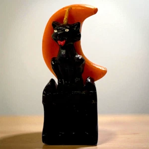 Vintage Gurley Halloween Katze Kerze Mondsichel sitzend auf Lattenzaun unbeleuchtet - Bild 1 von 12