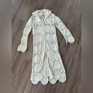 Vintage Newport News Long Crotchet Ivory Cardigan Duster Size Large Coastal Boho - Picture 1 of 7