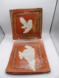Juego de 2 platos de cena cuadrados de cerámica artística de estudio lanzados a mano 9,5"x9,5" firmados - Imagen 1 de 16