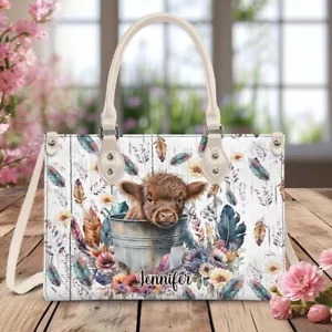 Personalized Highland Cow Western Style Leather Handbag, Cow Leather Handbag - Picture 1 of 4