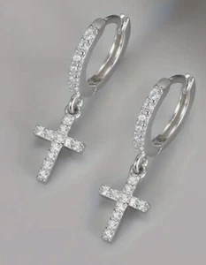 Cross Hoop Silver Earrings With Zirconia Stones - Picture 1 of 3