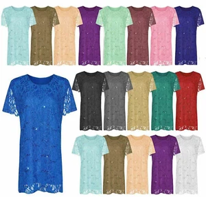 Women Scoop Neck Lace Sequin Lined Floral Pattern T-Shirt Ladies Blouse Top - Picture 1 of 12