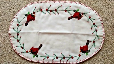 Handmade 21" Wool Flannel Felt Embroidered CARDINAL CHRISTMAS Small TABLE RUNNER - Image 1 of 3